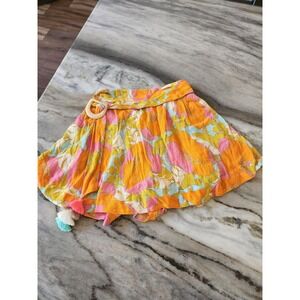 Trina Turk Floral Print Mini Skirt Medium Smocked Waist Rattan Buckle‎ Tassels